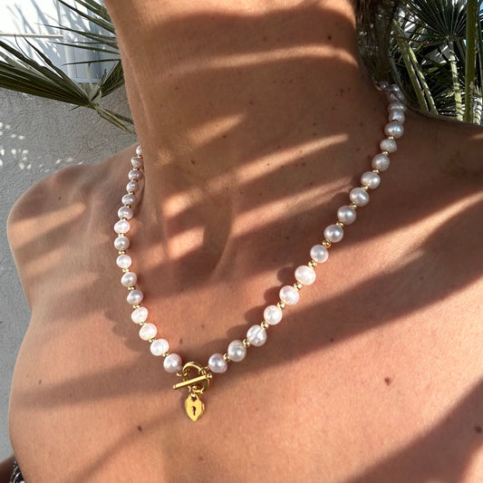 Cultured Pearl Necklace with Heart Clasp